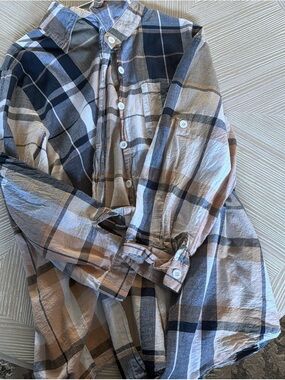 Womens Plaid Button-Down Shirt - Beige Blue